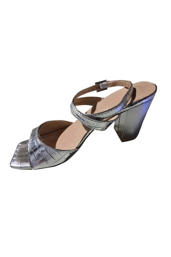 Women Open Toe Heeled Sandals Sparkly Chunky Block High Heels Buckle Ankle Cross Strap Summer Sandals Fashion Prom Heels Silver Women Sandal