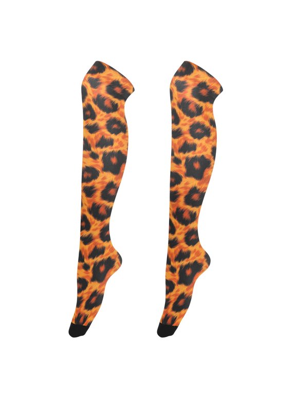 Women Orange Leopards Print Pattern Over Knee Thigh High Socks