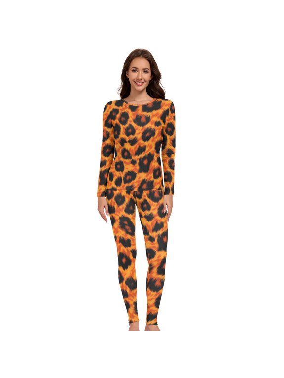 Women Orange Leopards Print Thermal Underwear Set 2 Piece Base Layer Large