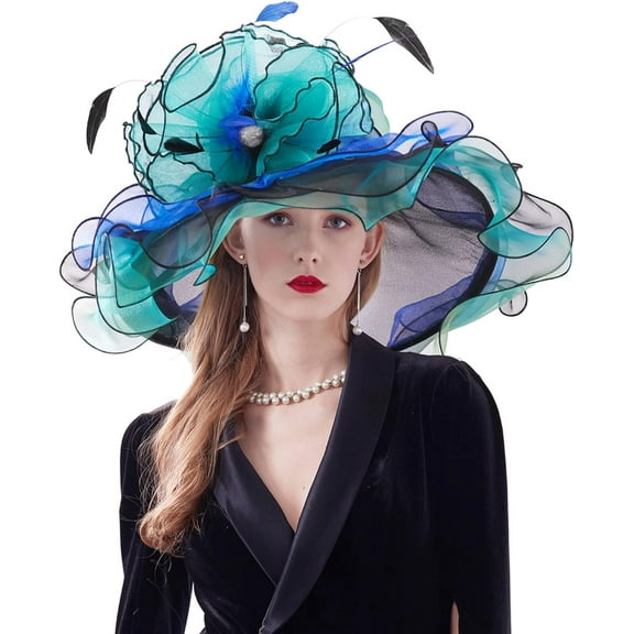 Women Organza Church Hat Wide Brim Sun Hats for Wedding Tea Party Fascinator Hat, Dual-use