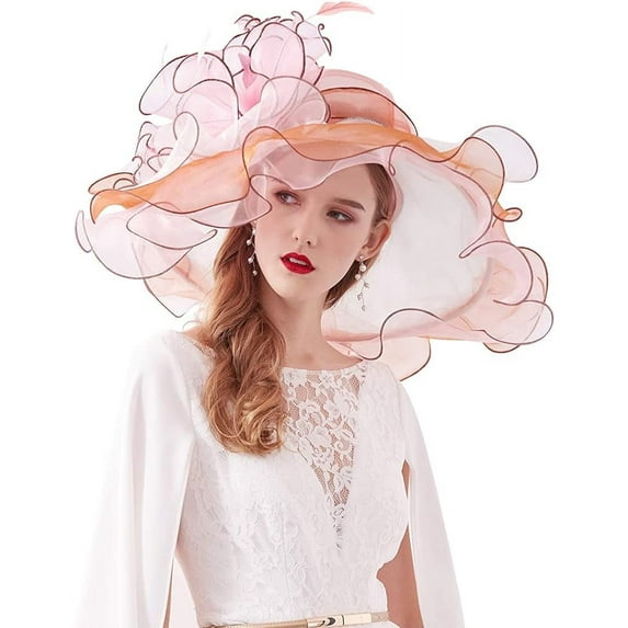 Women Organza Church Hat Wide Brim Sun Hats for Wedding Tea Party Fascinator Hat, Dual-use