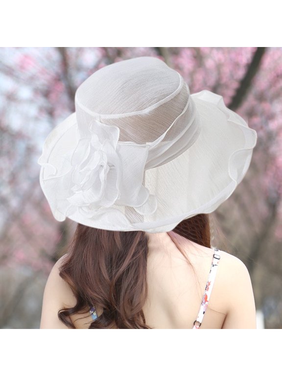 Women Organza Derbys Sun Hat, Kentucky Fascinator Cocktail Tea Party Hat, Wide Brims Foldable Organza Garden Party Hat, Summer Sun Cap with Adjustable Fascinators Bow-Flower