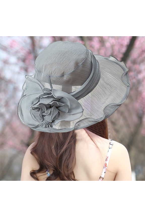 Women Organza Derbys Sun Hat, Kentucky Fascinator Cocktail Tea Party Hat, Wide Brims Foldable Organza Garden Party Hat, Summer Sun Cap with Adjustable Fascinators Bow-Flower