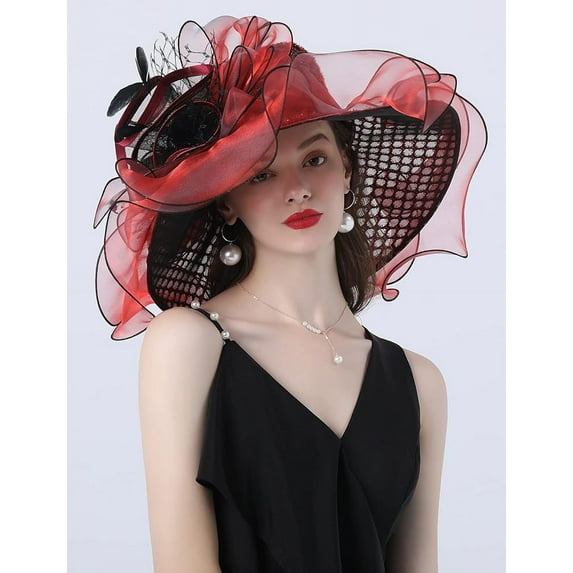 Women Organza Hats Flower Decoration Wide Brim Occasion Event Church Dress Sun Hat
