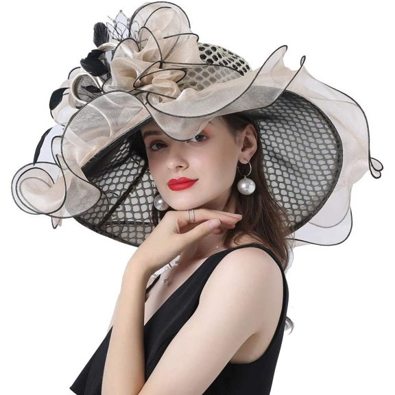 Women Organza Hats Flower Decoration Wide Brim Occasion Event Church Dress Sun Hat