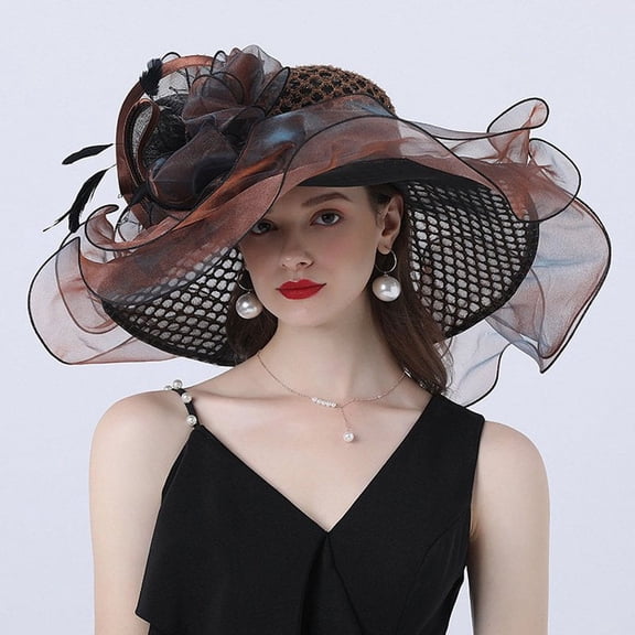 Women Organza Hats Flower Decoration Wide Brim Occasion Event Church Dress Sun Hat