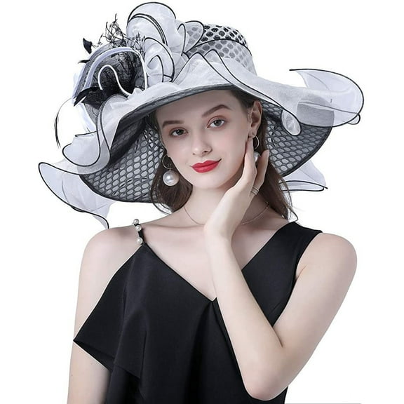 Women Organza Hats Flower Decoration Wide Brim Occasion Event Church Dress Sun Hat