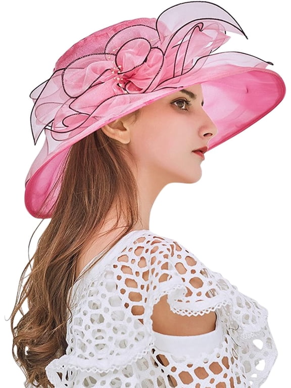 Women Organza Kentucky Hat Derby Fascinator Hat, Lady Cocktail Tea Party Church Wedding Bridal Flower Hat Summer Beach Sun Hat
