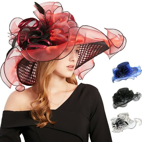 Women Organza Wide Brim Medieval Hat Fascinator Lady Cocktail Tea Party Church Wedding Bridal Flower Hat Stage Performance Show Cap