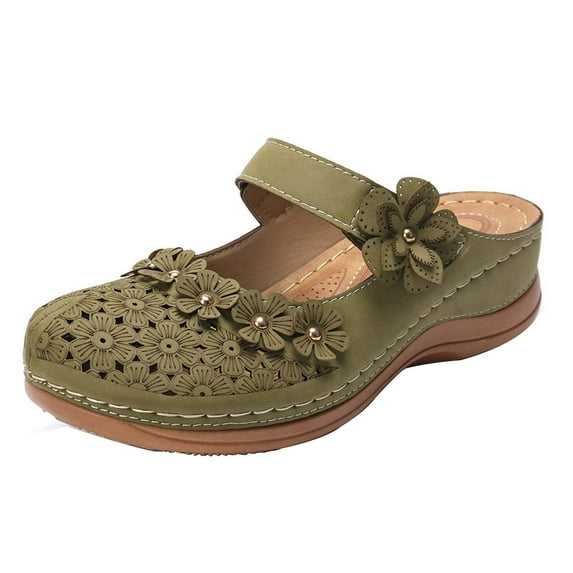 Women Orthopedic Sandals Sale Clearance Summer Close Toe Slippers Flat Leather Sliders Low Wedge Mules Breathable Casual Floral Roman Shoes US Size 3.5-8