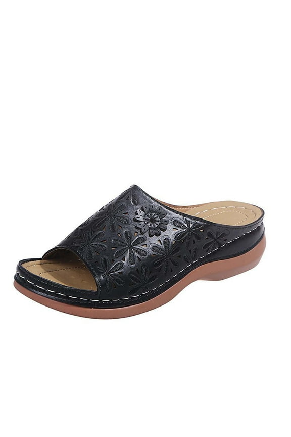 Women Orthopedic Sandals Sale Clearance Summer Slippers Flat Leather Sliders Low Wedge Open Toe Mules Breathable Casual Floral Roman Shoes US Size 3-7.5