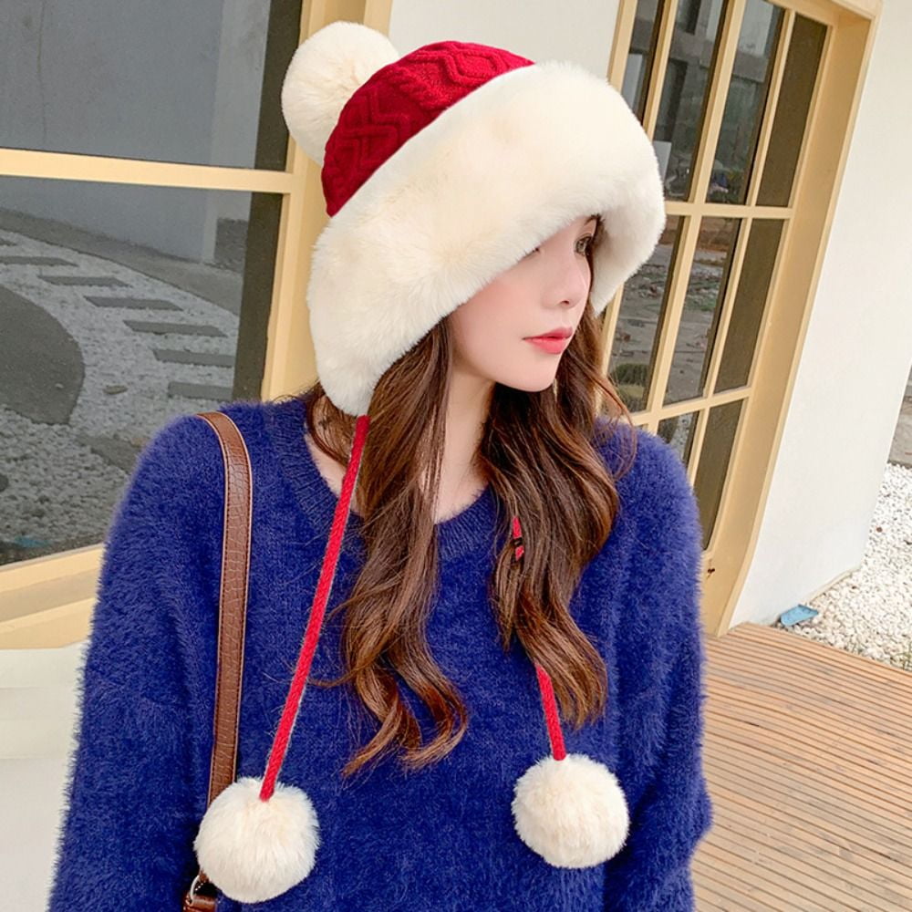 Women Outdoor Cold-proof Thicken Knitted Cap Pom Pom Ball Hats Faux Fur  Beanies Hat Winter Warm WHITE 