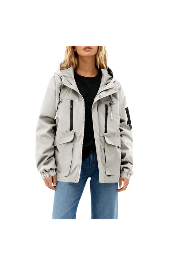 Women Outdoor Jackets Hooded Drawstring Full Zip Button Coat Windproof Waterproof Plus Size Cargo Outwear With Pocket (XL, Khaki)