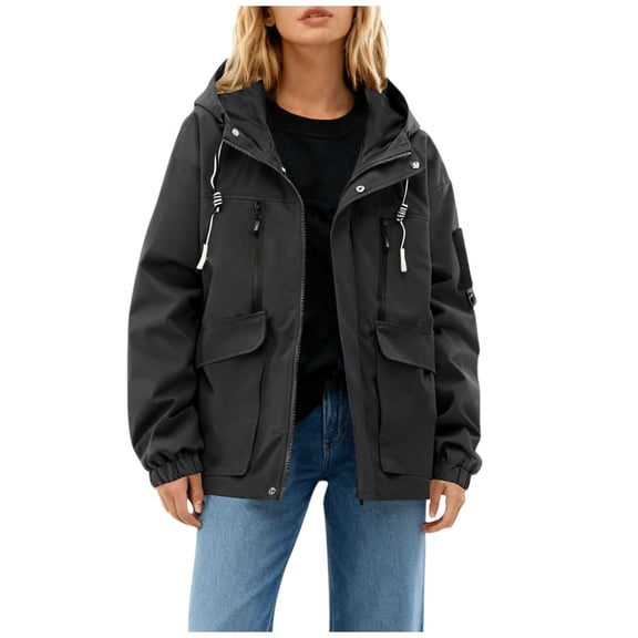 Women Outdoor Jackets Hooded Drawstring Full Zip Button Coat Windproof Waterproof Plus Size Cargo Outwear With Pocket (XXL, Black)