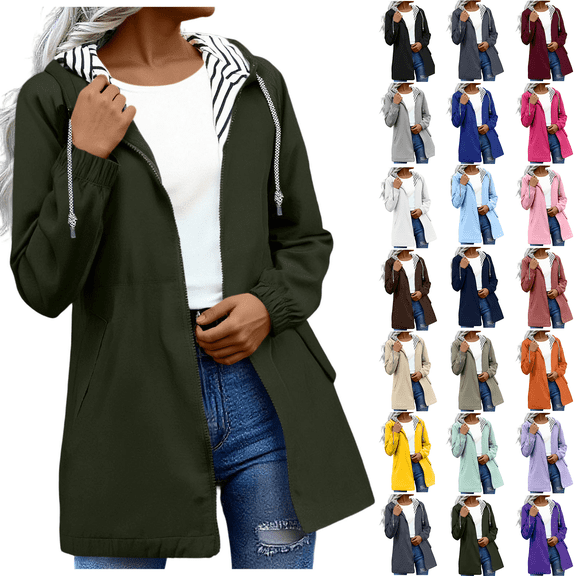 Women Outdoor Raincoat Long Sleeve Ribbed Cuffs Casual Newly Upgraded Waterproof Hooded with Pockets Hooded Jackets Trench Coats Army Green S-5XL