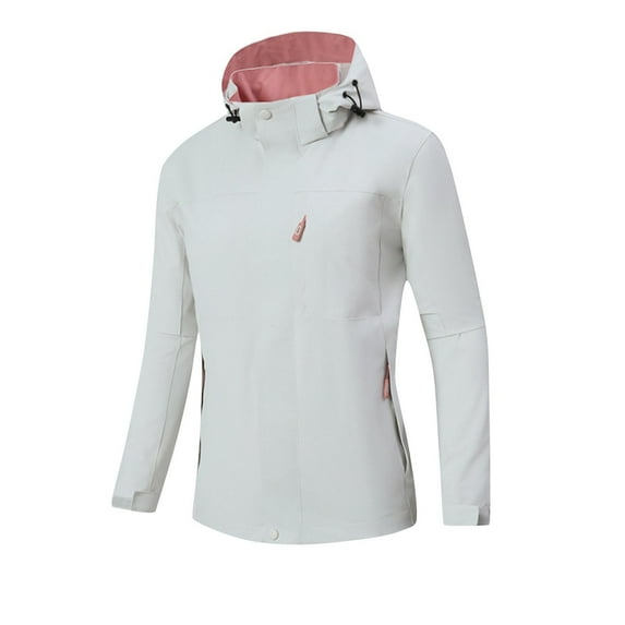 Women Outdoor Raincoat Solid Color Zipper Pocket Outwear Long Sleeved Casual Hooded Jackets Trench Coats White M-4XL