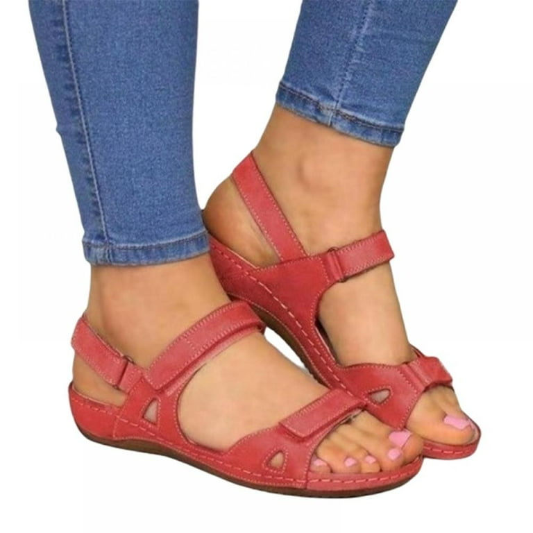 Women Outdoor Sandals Summer Water Shoes with Arch Support for Hiking Walking Trekking Vintage Open Toe PU Leather Comfy and Lightweight Slip on Sole Shoes Walmart