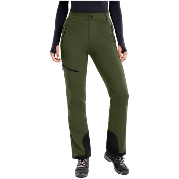 Women Outdoor Softshell Hiking Pants, Button Waist Straight Leg Trekking Trousers, Multiple Zipper Security Pockets, Reinforced Ankle Panel Windproof Ski Trousers Green,XXL