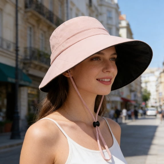 Women Outdoor UV Protection Wide Brim Fishing Hat with Ponytail Hole Adjustable Windproof Sun Cap(Pink,One Size)