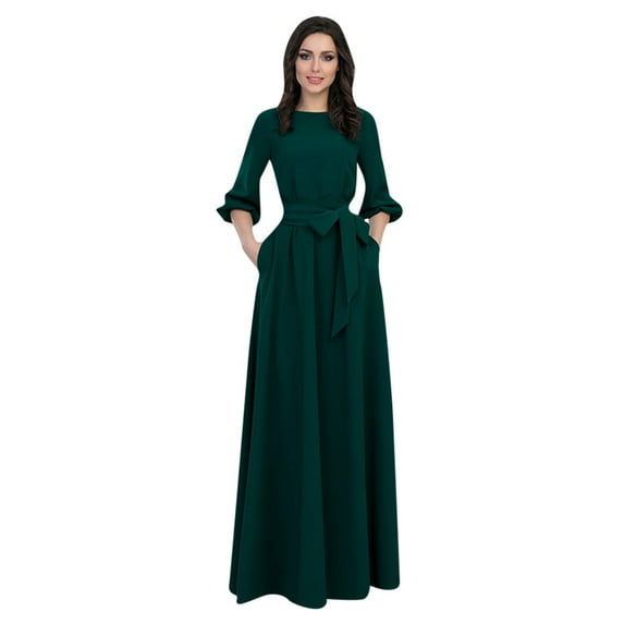Women Outerwear Comfort Fit Collared 3/4 Sleeve Dress Solid Belt Maxi Prom Long Casual Party Sleeve Summer Solid with Belt Women Dress Dresses Women's Dress