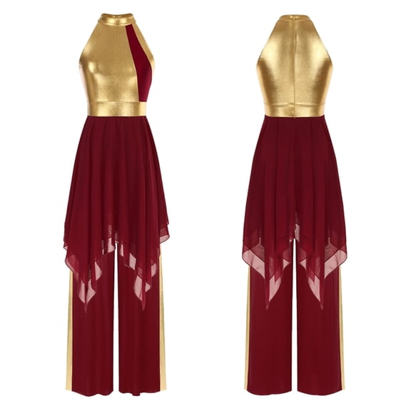 Women Outfit Dress And Metallic Loose Pants Sets For Liturgical Praise Lyrical Dance Choir Stage Performance Festival Event