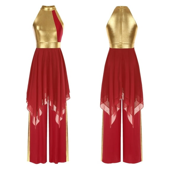 Women Outfit Dress And Metallic Loose Pants Sets For Liturgical Praise Lyrical Dance Choir Stage Performance Festival Event