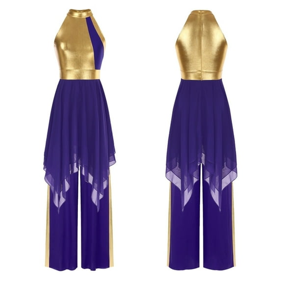 Women Outfit Dress And Metallic Loose Pants Sets For Liturgical Praise Lyrical Dance Choir Stage Performance Festival Event