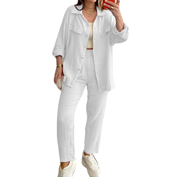 Women Outfit Set Button Up Top Elastic Waist Bottom Loose Fit Pure Color Loungewear Set White S