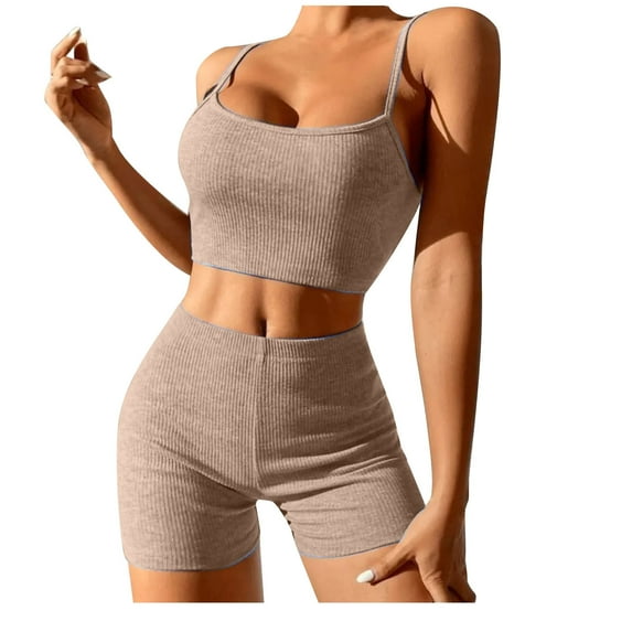 Women Outfits Spring Sets Women 2 Piece Outfits Clothing Set Female Round Neck Sleeveless Tops Pants Sets Cargo Pant Style S_320 Women's Tracksuits Khaki XL