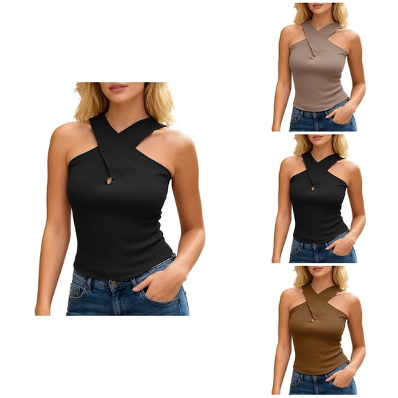 Women Over Collar Tank Knit Sleeveless Top Solid Color Casual Summer Blouse