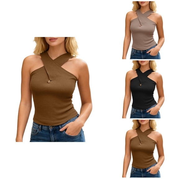 Women Over Collar Tank Knit Sleeveless Top Solid Color Casual Summer Blouse