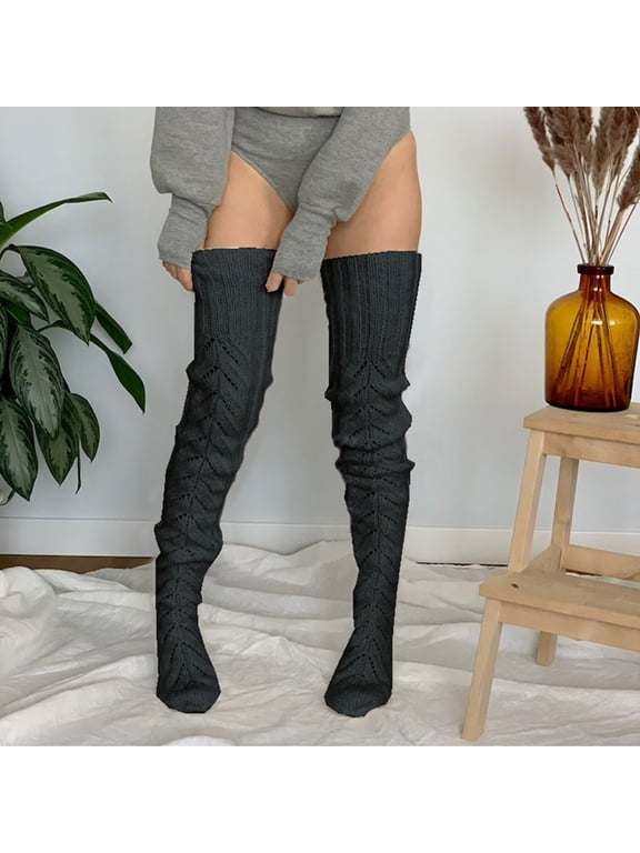 Women Over Knee Knitted Woolen Socks Solid Color Hosiery Fashion Casual Daily Footwear Comfortable Black