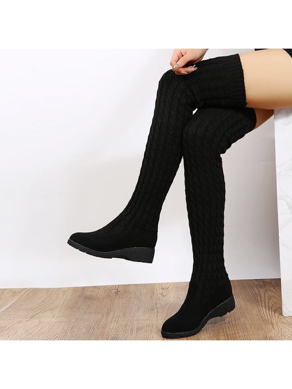 Women Over The Knee Boots Cable Knit Wedge Heel Booties Round Toe Slip On Stretchy Thigh High Boots for Fall Winter Black 7.5