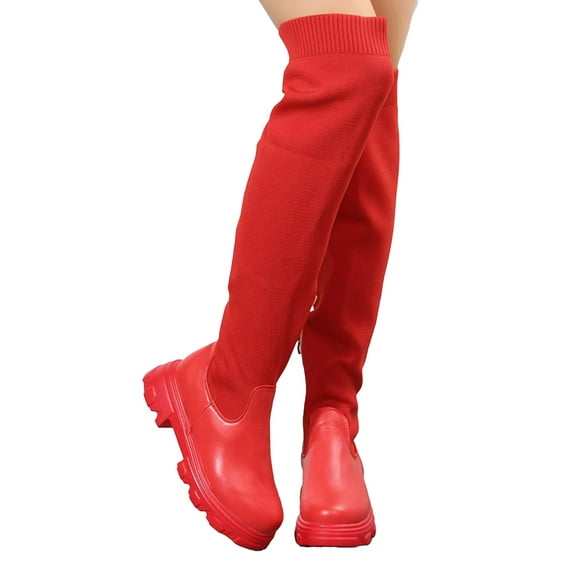 Women Over The Knee Thigh Low Chunky Heel Boots Round Toe Side Zip Knit Sock Long Boot Platform Thigh High Boots Ladies Wide Calf Knee High Boots