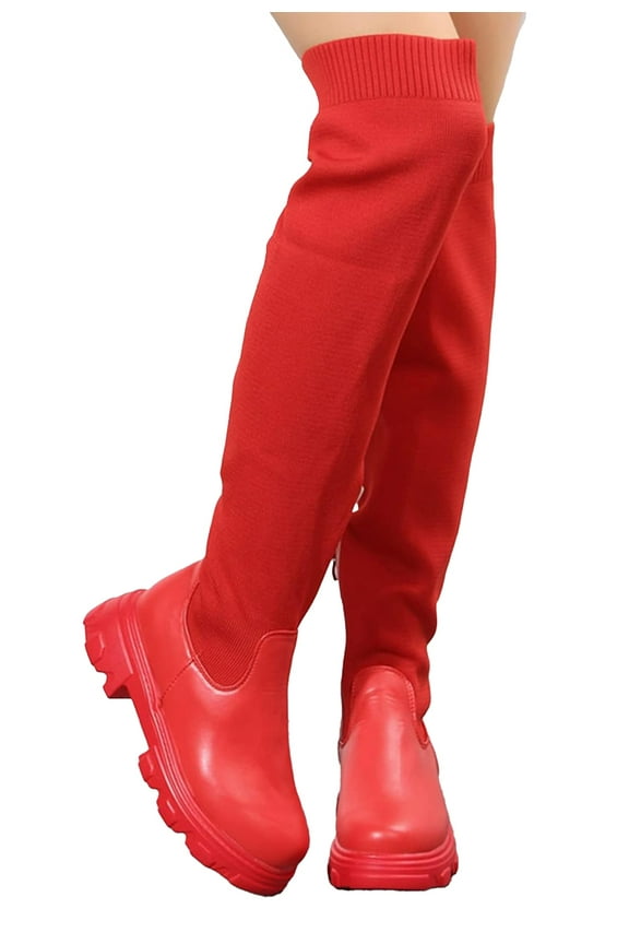 Women Over The Knee Thigh Low Chunky Heel Boots Round Toe Side Zip Knit Sock Long Boot Platform Thigh High Boots Ladies Wide Calf Knee High Boots