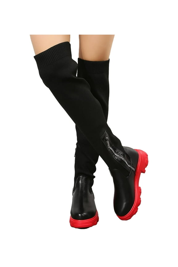 Women Over The Knee Thigh Low Chunky Heel Boots Round Toe Side Zip Knit Sock Long Boot Platform Thigh High Boots Ladies Wide Calf Knee High Boots