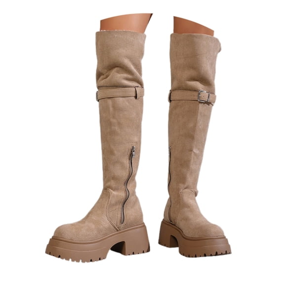 Women Over the Knee Boots Low Heel Winter Block Suede Thigh High OTK Long Comfort