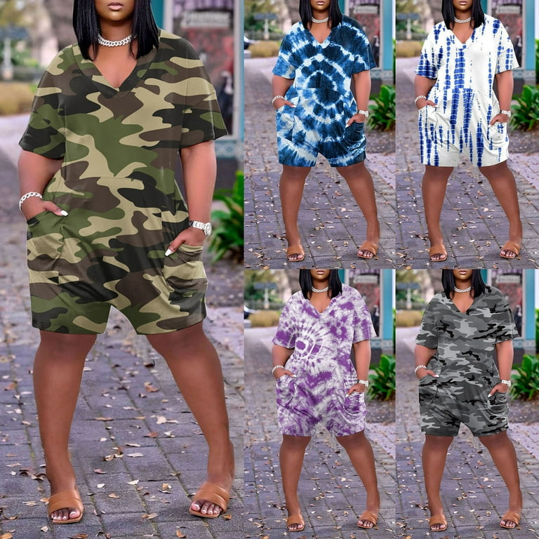 Women Overalls Camo Jumpsuit Short Sleeve Plus Size V Neck Wide