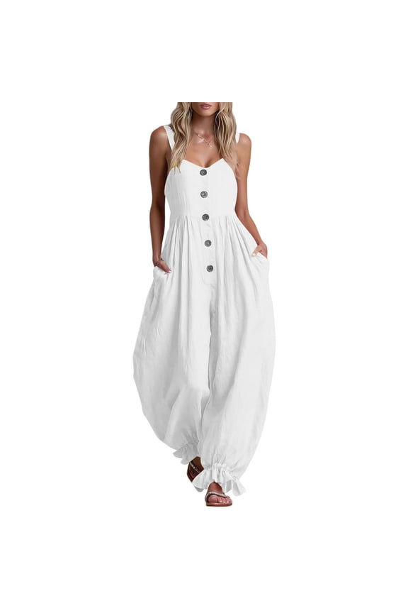 Women Overalls Sleeveless Button Halter Wide Leg Pants Casual Jumper with Pockets Soft Ruffled One Piece Jumpers