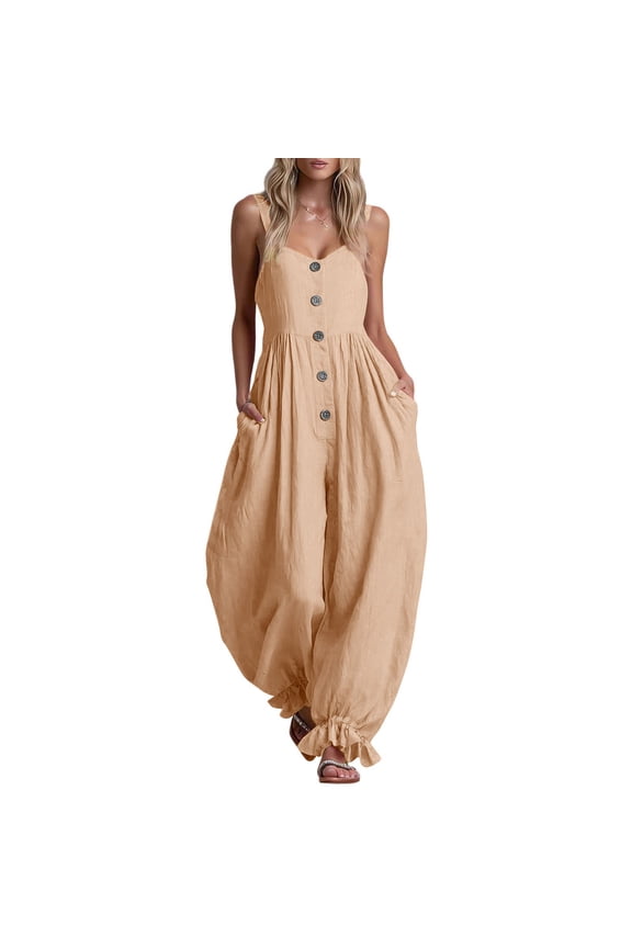 Women Overalls Sleeveless Button Halter Wide Leg Pants Casual Jumper with Pockets Soft Ruffled One Piece Jumpers