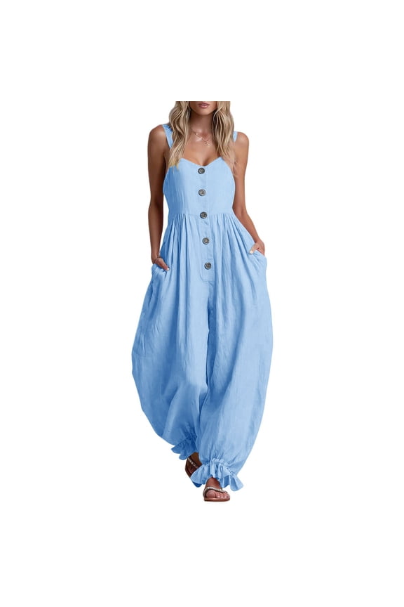 Women Overalls Sleeveless Button Halter Wide Leg Pants Casual Jumper with Pockets Soft Ruffled One Piece Jumpers