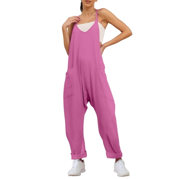 Women Overalls Solid Color Lightweight Sleeveless Long Romper Wide Leg Pants With Pockets Purple L