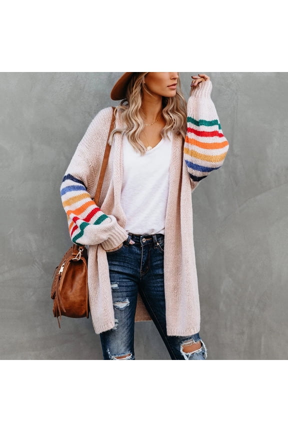 Women Overcoat Plus Size Warm Rainbow Stripe Print Long Sleeve Open Front Winter Fashion Cardigan Outwear Sweater Tops Kimonos for Women Casual Women Cardigan Fall Cardigan Print Womens Cardigan