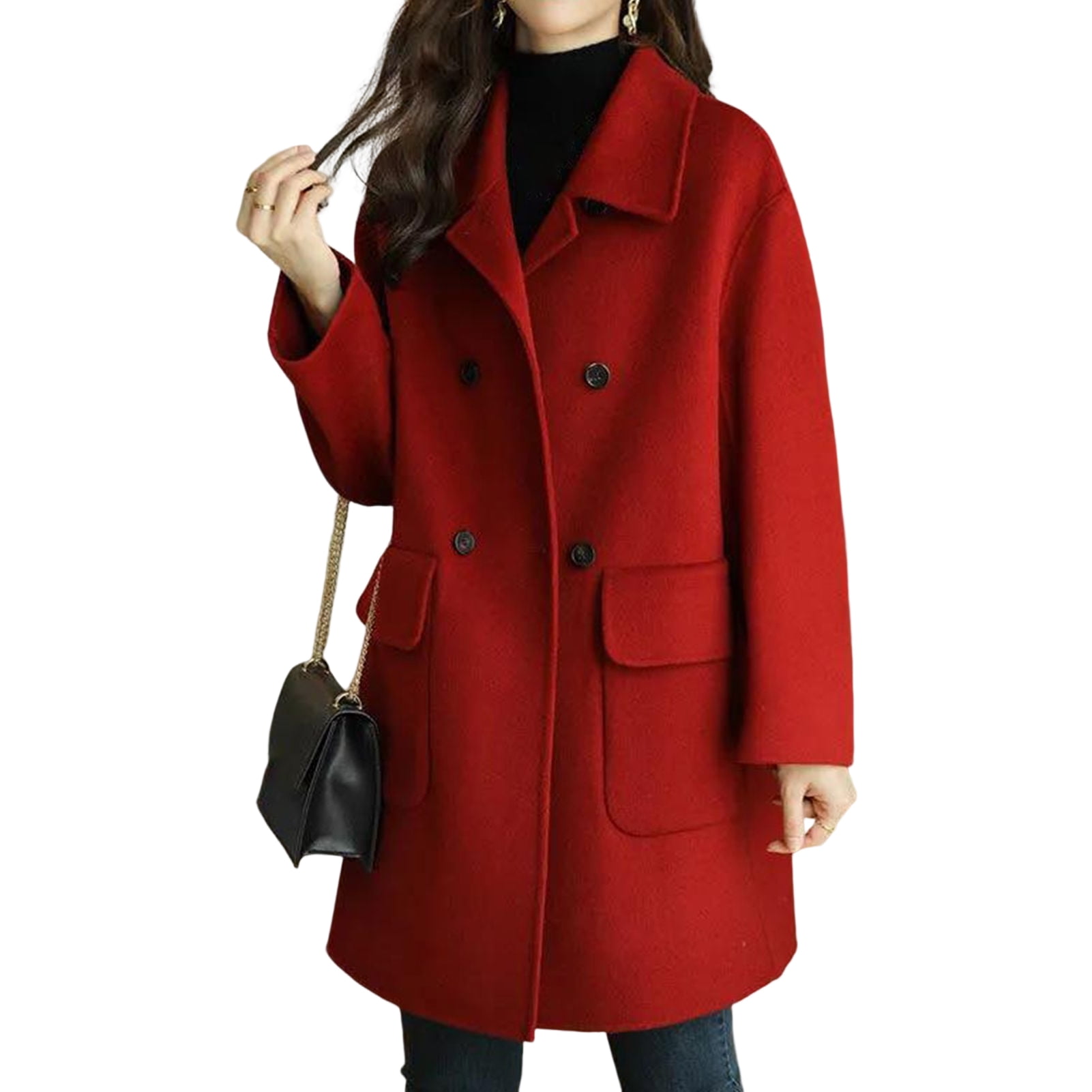 Women Overcoat Solid Color Lapel Collar MidLength with Buttons Loosefitting Keep Warm