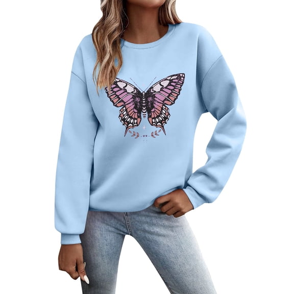 Women Oversize Sweatshirts 2026 Butterfly Graphic Long Sleeve Crew Neck Casual Y2K Pullover Tops Light Blue