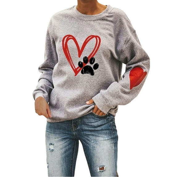 Women Oversize Sweatshirts 2026 Dog Paw Heart Animal Print Long Sleeve Crew Neck Loose Fit Pullover Tops