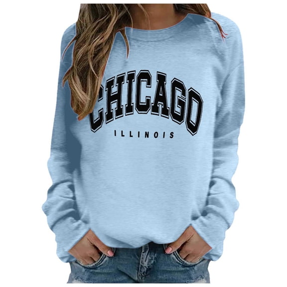 Women Oversize Sweatshirts 2026 Letter Print Long Sleeve Crew Neck Hoodless Y2K Pullover Tops Sky Blue