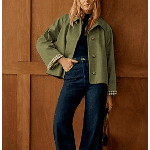 Women Oversize Trench Coat Plaid Lining Lapel Button Down Casual Crop Jacket Outwear with Pockets