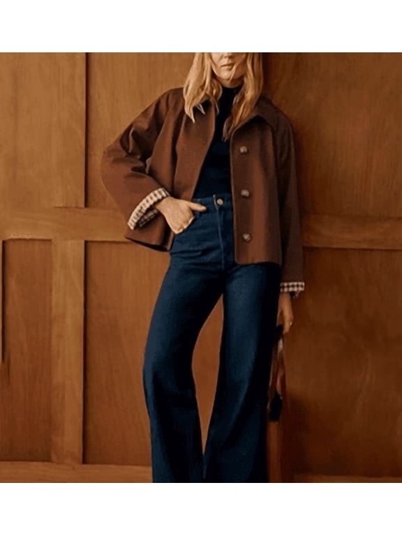Women Oversize Trench Coat Plaid Lining Lapel Button Down Casual Crop Jacket Outwear with Pockets