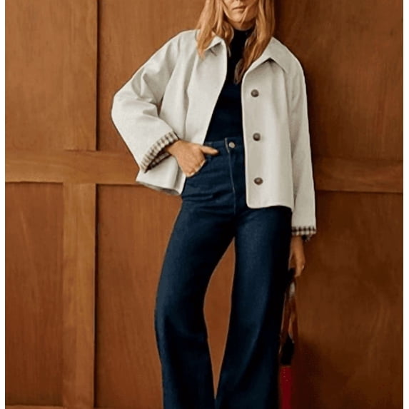 Women Oversize Trench Coat Plaid Lining Lapel Button Down Casual Crop Jacket Outwear with Pockets